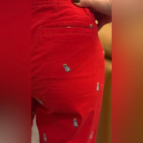 NEW $99 TALBOTS Relaxed Chinos Red Twill - Frenchie Dog,Critter Emb Pants Sz 8 - Picture 4 of 11